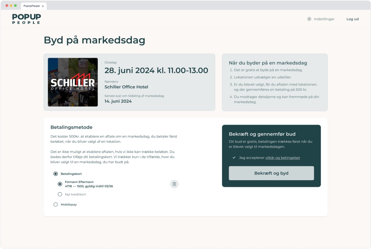 Bidding page state showing a saved payment method selected, terms acceptance checkbox checked, and active "BekrƦft og byd" button.